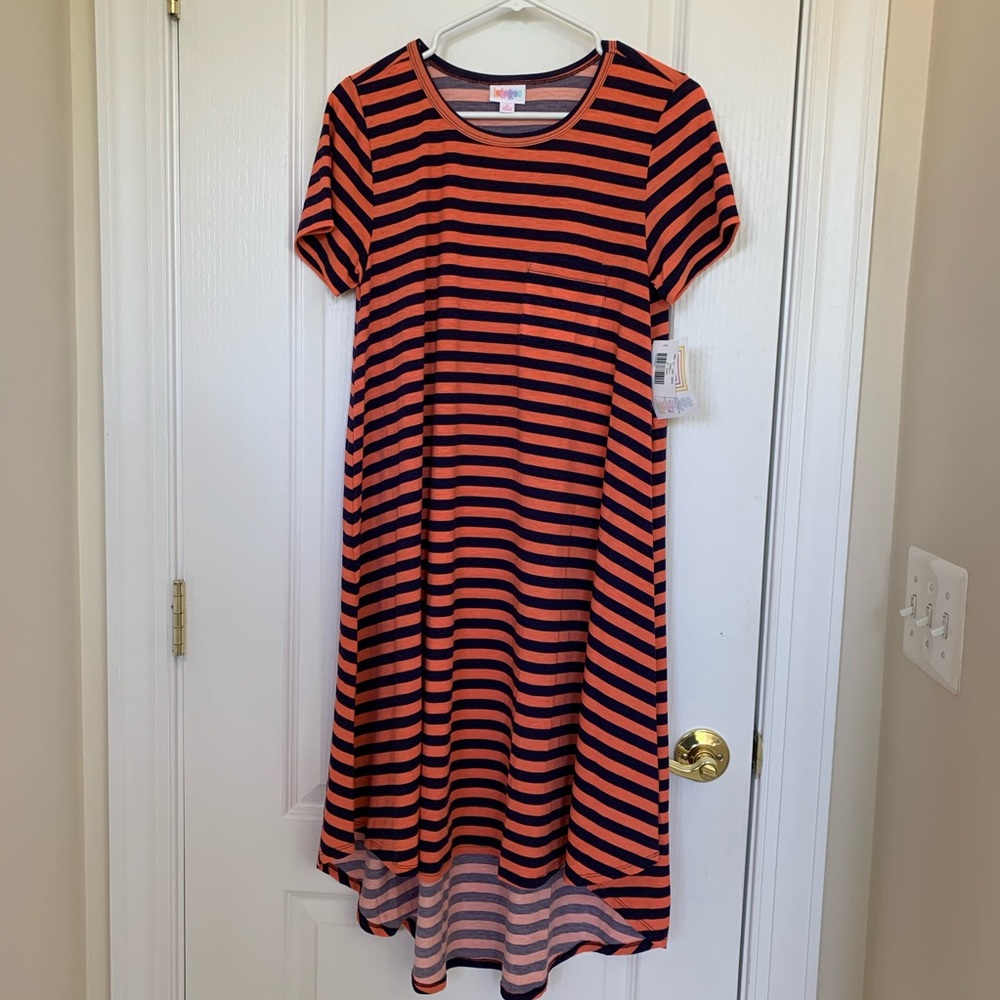 LuLaRoe Carly Dress: S Navy and Orange Stripes